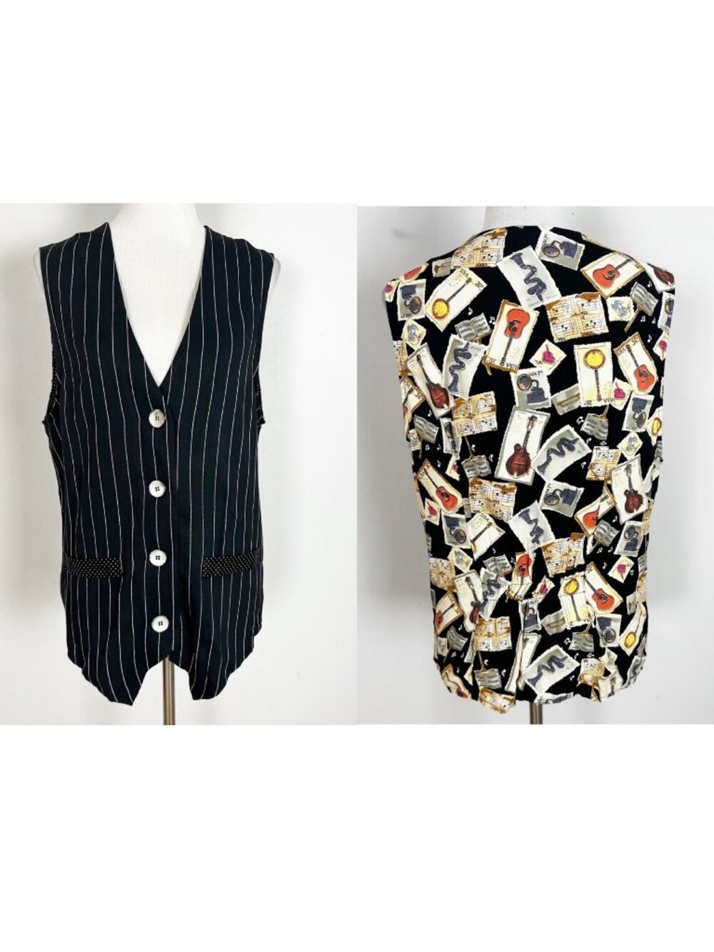 Vintage Women's Button Front Vest Striped Novelty Musical Instruments Sz Medium